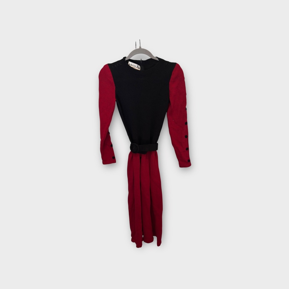 Adolfo New York Neiman‎ Marcus Vintage Knit Dress Black Red Buttons